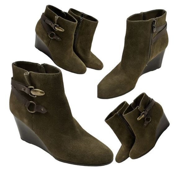 Tahari Women’s Simon Olive Green Suede Ankle Wedge Boots in the Size 9.5M - Picture 1 of 9